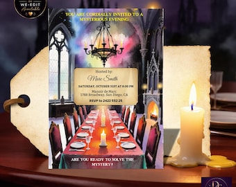 May include: A rectangular invitation card featuring a gothic dining hall illustration with a chandelier, a long table, and text: YOU ARE CORDIALLY INVITED TO A MYSTERIOUS EVENING, Hosted by: Marc Smith, SATURDAY, OCTOBER 31ST AT 8:00 PM, Manoir de Marc, 1788 Broadway, San Diego, CA, RSVP to 2422 552 25, ARE YOU READY TO SOLVE THE MYSTERY?