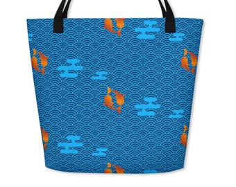 Grand Cabas Avec Poche, Poisson Koi Style Japonais, Motif Vague, Bleu, Orange, Imprimé All-Over