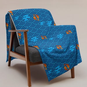 Throw Blanket, Japanese Style Koi Fish, Wave Pattern, Blue, Orange