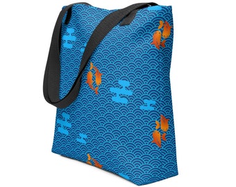 Sac fourre-tout de taille moyenne, poisson Koi de style japonais, motif de vagues, bleu, orange, imprimé intégral