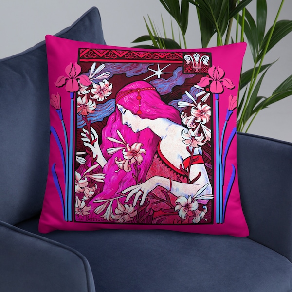 Hot Pink, Fucshia, Magenta, Alphonse Mucha Style, Art Nouveau, Pillow Cushion NEW UPDATED!