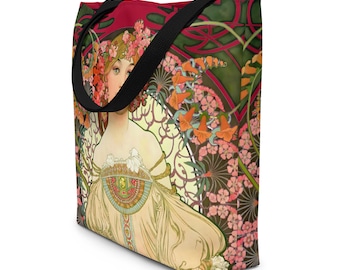 Alphonse Mucha Reverie, Large Tote Bag with Pocket, Carmine Red, All-Over Print