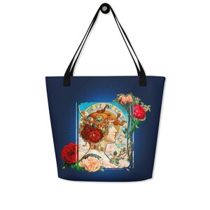 Navy Blue, Alphonse Mucha style, Louis Théophile Hingre, Art Nouveau Print Lady, Large Tote Bag