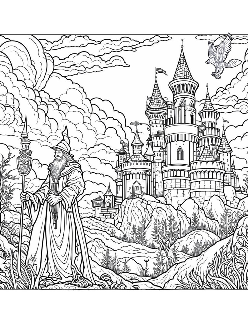 Fantasyland Coloring Pages for Adults With Angels, Castles, Kingdoms