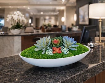 プリザーブドモスボウルのセンターピース - モダンな多肉植物アレンジメント、白いボウルのホームデコレーション