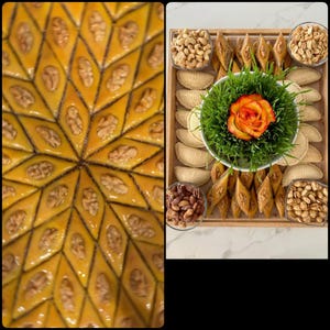 May include: A traditional Persian Nowruz spread with a variety of sweet and savory treats. The centerpiece is a tray of baklava, surrounded by nuts, pastries, and a bowl of green grass with a red rose.