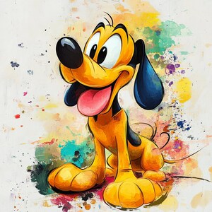 May include: A cartoon illustration of Pluto, a yellow dog with black ears, a big smile, and a pink tongue sticking out. The background is a colorful abstract watercolor wash.