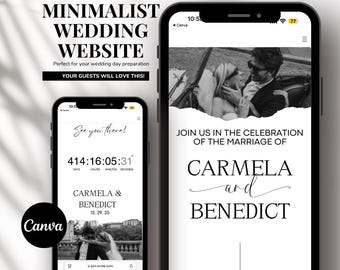 May include: A minimalist wedding website mockup displayed on a smartphone screen. The website includes a countdown timer, a black and white photograph of a couple, and the text "Join us in the celebration of the marriage of Carmela and Benedict".