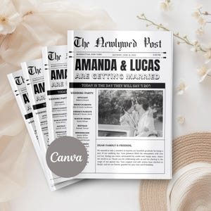 Folded Wedding Newspaper Template with Photo, Minimalist Wedding Newspaper Template, Wedding Program, Newlywed Times, Editable Newspaper