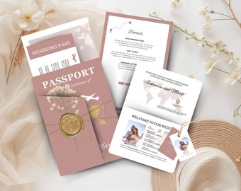 Faire-part de mariage passeport à destination de mariage Passeport d'embarquement passeport imprimable Faire-part de mariage passeport thème voyage mariage rose