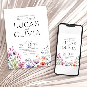 Garden Flowers Wedding Invitation Template, Wildflower Wedding Invite, Colorful Spring Floral Printable Elegant EDITABLE Download