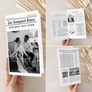 Folded Wedding Newspaper Template with Photo, Minimalist Wedding Newspaper Template, Wedding Program, Newlywed Times, Editable Newspaper