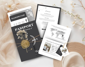 Destination Wedding Invitation Template: Passport & Boarding Pass (Digital Download)