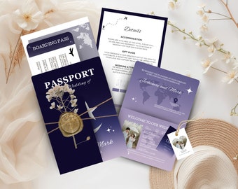 Celestial Wedding Passport Invitation Template Destination Template Boarding Pass Invitation Wedding Invite Save the date Card Template JA7