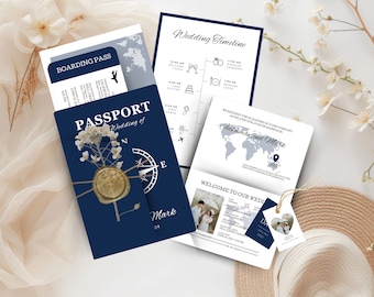 Faire-part de mariage passeport Passeport de mariage à destination Carte d'embarquement Passeport imprimable Faire-part de mariage sur le thème du voyage Mariage JA4