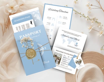 Dusty Blue Passport Wedding Invitation Template: Boarding Pass (Digital Download)