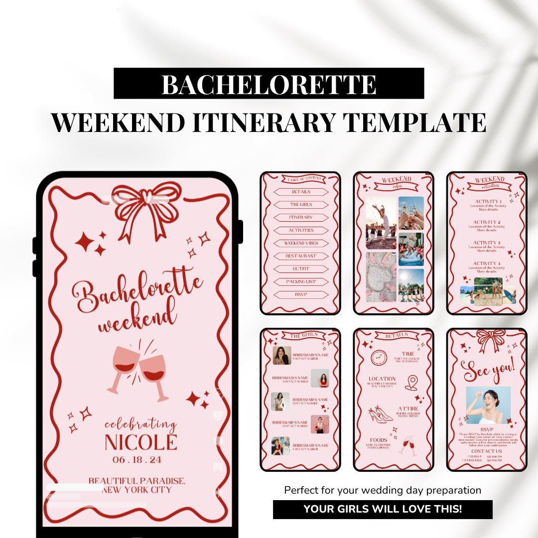 Bachelorette Itinerary Template for Mobile, Digital Itinerary for Bachelorette Party, Weekend Itinerary Bachelorette, Digital Invitation