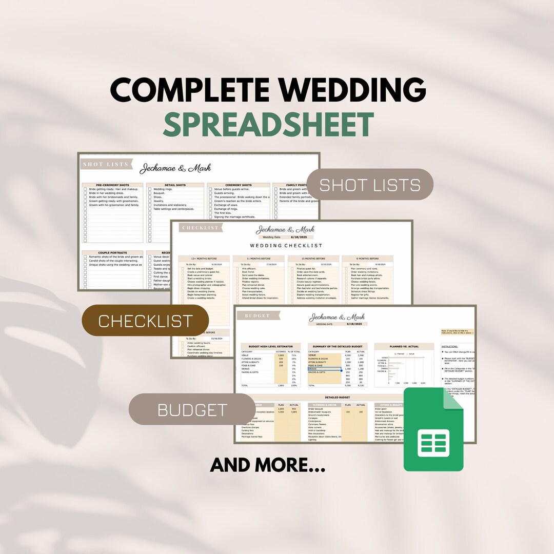 Wedding Planner Spreadsheet Budget Tracker Wedding Organization Tool