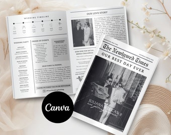 Newspaper Wedding Program Template, Editable Wedding Newspaper Program, Printable Wedding Infographic, Folded Wedding Day Program, Download