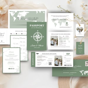Modelo de convite de casamento de destino, modelo de cartão de embarque com etiqueta rsvp, passaporte imprimível, convite de casamento, viagem, convite de casamento JA1