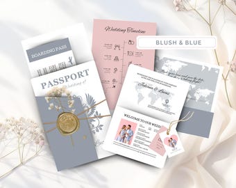 Destination Wedding Passport Invitation Template: Blush & Blue (Digital)