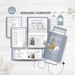 Modèle d'invitation de passeport de mariage Modèle de destination bleu Faire-part carte d'embarquement Invitation de mariage Modèle de passeport pour carte « Réservez la date »