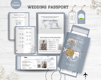 Dusty Blue Destination Wedding Passport Invitation Template (Digital Download)