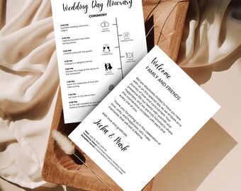 May include: A wedding day itinerary with a timeline of events, including the ceremony, cocktail hour, dinner, and dancing. The itinerary is printed on white paper with black text and icons. The text at the bottom of the page reads "Jecka & Mark" and includes the date and venue information.