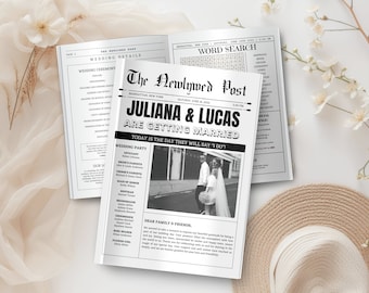 Newspaper Wedding Program Template, Editable Wedding Newspaper Program, Printable Wedding Infographic, Folded Wedding Day Program,Wordsearch