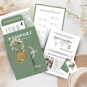 Modèle de faire-part de mariage à destination, modèle de carte d'embarquement avec étiquette rsvp, faire-part de mariage passeport imprimable, invitation de mariage de voyage JA1
