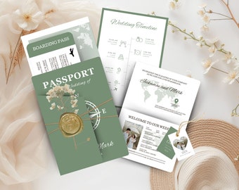 Modèle de faire-part de mariage à destination, modèle de carte d'embarquement avec étiquette rsvp, faire-part de mariage passeport imprimable, invitation de mariage de voyage JA1