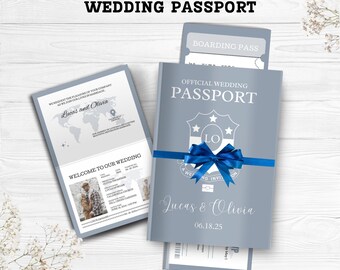 Plantilla de invitación de pasaporte para boda de destino con tarjeta de embarque (descarga digital)