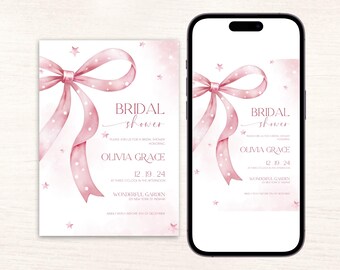 Bridal Shower Invitation Template, Watercolor Bow Coquette Bridal Shower Invitation, Coquette Bridal Invitation, Pink Bridal Invitation