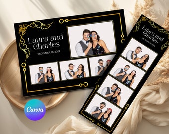 Modelo de cabine fotográfica de casamento preto e dourado: Moldura Canva (download digital)