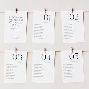 Modèle de plan de table pour mariage, modèle de carte de plan de table de mariage minimaliste moderne, trouvez votre siège, modèle de plan de salle à manger suspendu
