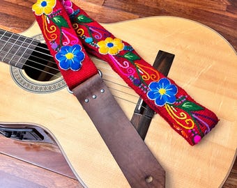 Red Embroidered Alpaca Guitar Strap, Hand Cut Leather Ends, Unique Gift for Guitarist, Mom, Dad, Girlfriend, Music Lover