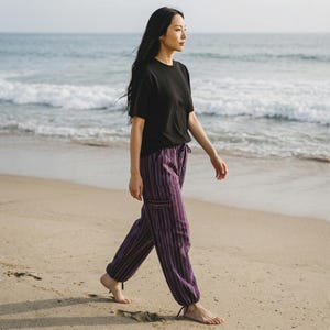 XL Boho Beach Pants Cotton, Stretchy Waist Comfy Travel Pants, Lightweight Resort Lounge Trousers, Surfer Hippie Yoga Pants Unisex