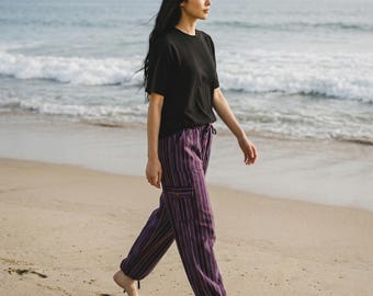 XL Boho Beach Pants Cotton, Stretchy Waist Comfy Travel Pants, Lightweight Resort Lounge Trousers, Surfer Hippie Yoga Pants Unisex