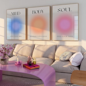 MIND BODY SOUL Aura Poster 3-teilige Wandkunst, Aura Energie spiritueller Farbverlauf Set mit 3 Drucken, Y2K Ästhetik Raumdekor Spirituelle Zen Wandkunst