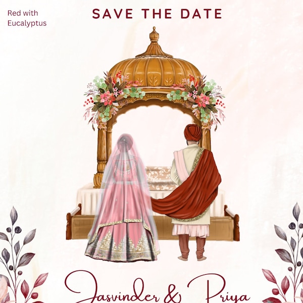 Digitale Punjabi Sikh indische Hochzeitseinladung, Save the Date, benutzerdefinierte Farbe