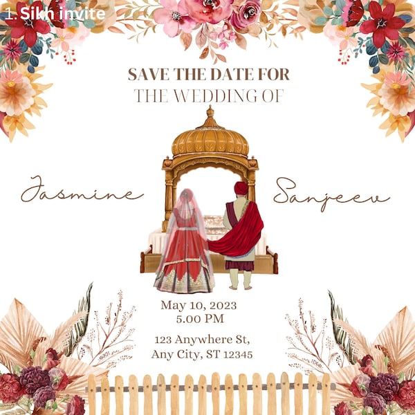 Digital Punjabi Sikh Hindu Indian Wedding Elegant, minimal, floral, Invitation or Save the Date