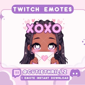 Emote de chica negra enamorada, estética de carta de amor kawaii / Emote personalizado para Twitch/Discord / Emote estético de chica negra con trenzas
