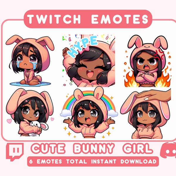 Black Girl Twitch Emotes Pack | Kawaii Bunny Girl | Custom Made Emotes For Twitch/Discord | Cute Black Girl emotes aesthetic | Anime Emotes