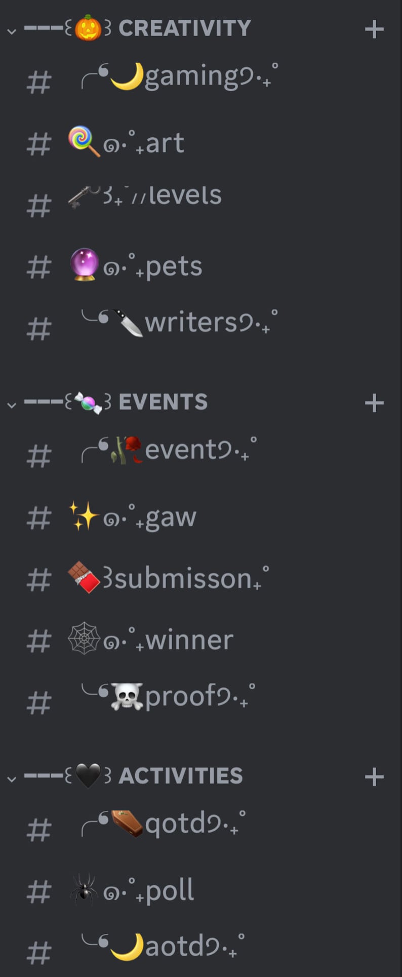 Puede incluir: Una captura de pantalla de un servidor de Discord con una lista de categor&iacute;as y temas. Las categor&iacute;as son Creatividad, Eventos y Actividades. Cada categor&iacute;a tiene una lista de temas con emojis a su lado. Por ejemplo, bajo Creatividad, hay temas como juegos, arte, niveles, mascotas y escritores.
