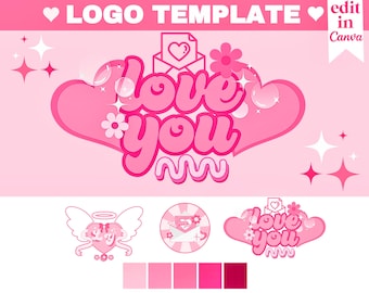 Pink Love Heart Logo Template: Girly Y2K Branding (Canva Editable)