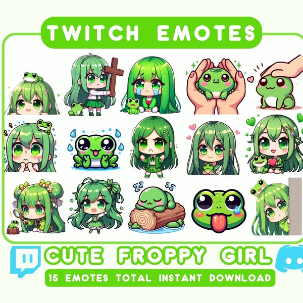 Cute Frogcore Girl Twitch/Discord Emotes | Custom Made Emotes For Twitch/Discord/Youtube | Frog Girl with green hair emote aesthetic