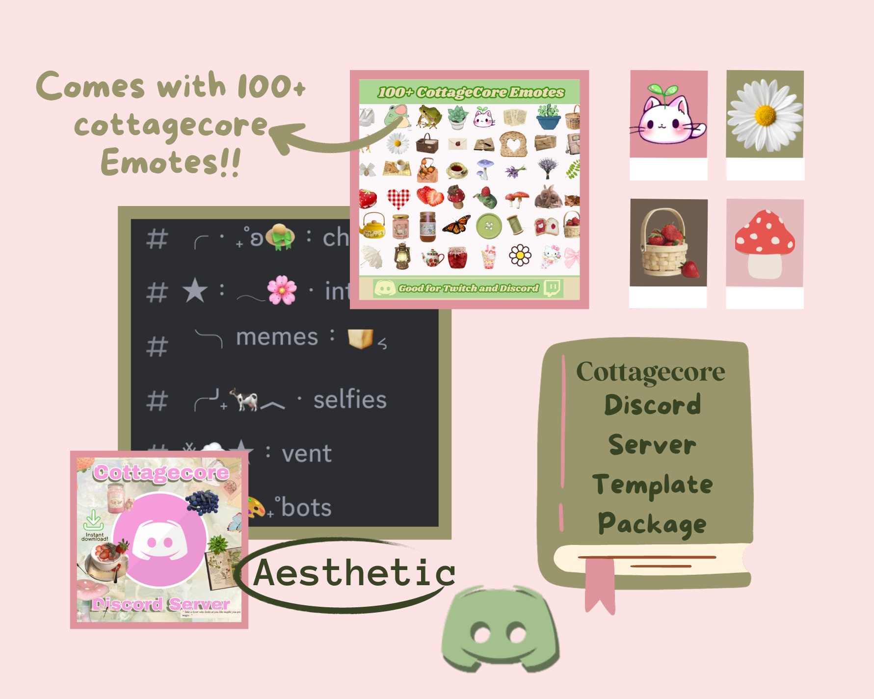 Plantilla de servidor de Discord de Cottageccore con más de 100 emoticones / Paquete de servidor de Discord / Emotes de Discord/Twitch / Servidor de Discord para streamers de Twitch