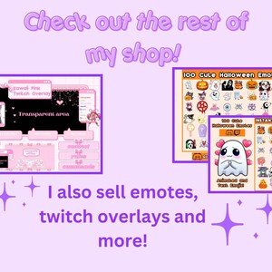 Puede incluir: Una superposici&oacute;n de Twitch rosa y blanca con un &aacute;rea transparente para una c&aacute;mara web. La superposici&oacute;n tiene un tema kawaii rosa con corazones y lazos. El texto "Kawaii Pink Twitch Overlay" est&aacute; en la parte superior de la superposici&oacute;n. El texto "&Aacute;rea transparente" est&aacute; en el centro de la superposici&oacute;n. La superposici&oacute;n tambi&eacute;n incluye una secci&oacute;n para el chat, una secci&oacute;n para las alertas y una secci&oacute;n para los comandos. La imagen tambi&eacute;n muestra un conjunto de 100 emoticonos de Halloween lindos con una variedad de dise&ntilde;os, incluidos fantasmas, calabazas, murci&eacute;lagos y brujas. El texto "100 Cute Halloween Emotes" est&aacute; en la parte superior de la imagen. El texto "Descarga instant&aacute;nea" est&aacute; en la parte superior derecha de la imagen. El texto "Emojis animados y de texto" est&aacute; en la parte inferior de la imagen.