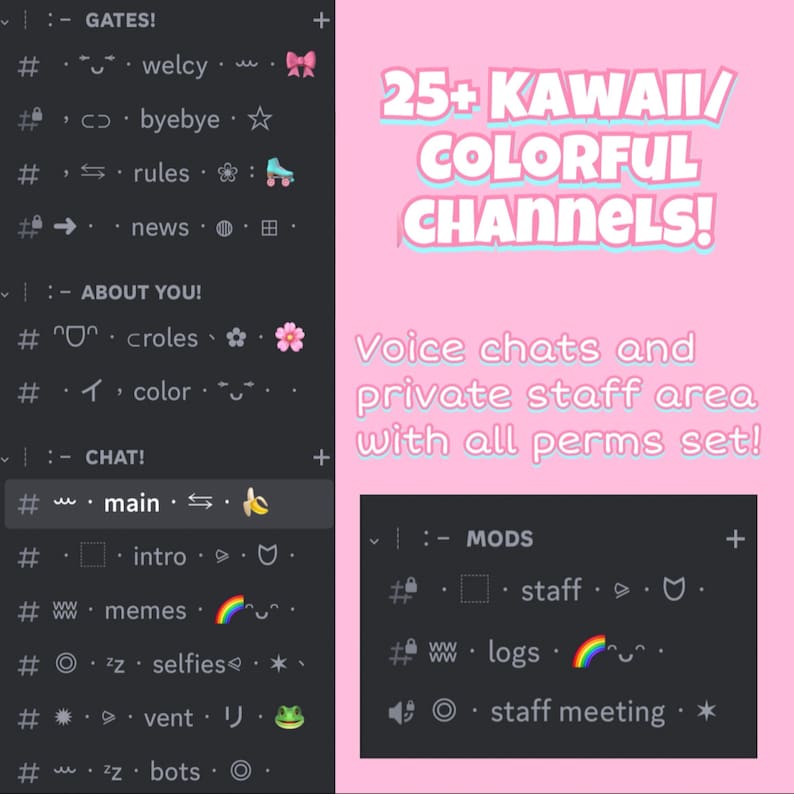 Puede incluir: Una captura de pantalla de un servidor de Discord con un fondo rosa y el texto "25+ KAWAII/COLORFUL CHANNELS!" en blanco. El servidor tiene varios canales, incluyendo "GATES!" con subcanales como "welcy", "byebye", "rules", y "news". Tambi&eacute;n hay canales para "ABOUT YOU!" con subcanales como "croles" y "color", y "CHAT!" con subcanales como "main", "intro", "memes", "selfies", "vent", y "bots". El servidor tambi&eacute;n tiene una secci&oacute;n "MODS" con subcanales como "staff", "logs", y "staff meeting".