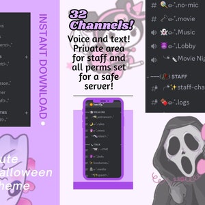 Puede incluir: Una ilustraci&oacute;n digital de un servidor de Discord con 32 canales. El servidor est&aacute; tematizado para Halloween con un lindo fantasma de dibujos animados y un fantasma aterrador sosteniendo un tel&eacute;fono rosa. El servidor tiene categor&iacute;as para eventos, actividades, personal y charla. El texto "32 Channels!" est&aacute; en una fuente rosa y negra. El texto "Voice and text! Private area for staff and all perms set for a safe server!" est&aacute; en una fuente blanca.